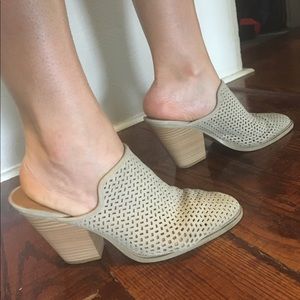 Tan open back chunky heel mules